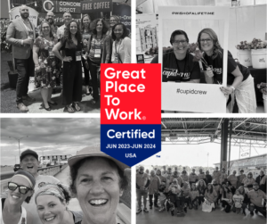 Four black and white images of employees in each corner with a blue and red Great Place To Work badge in the center