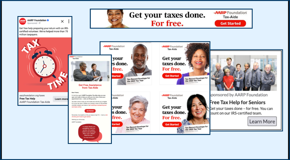 Collage of ads and promotions for AARP Foundation Tax Prep campaign.