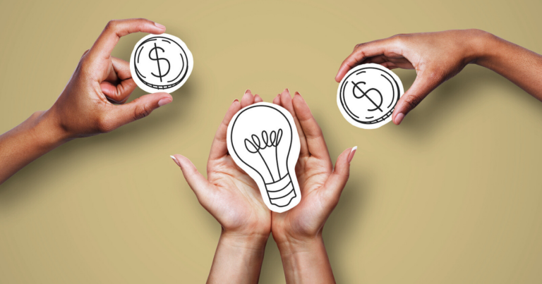 Three hnads holding drawings of coins with $ and a lightbulb