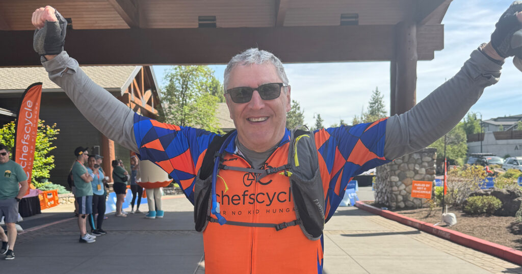 A jubilant Steve after riding 200 miles across Portland, Oregon.