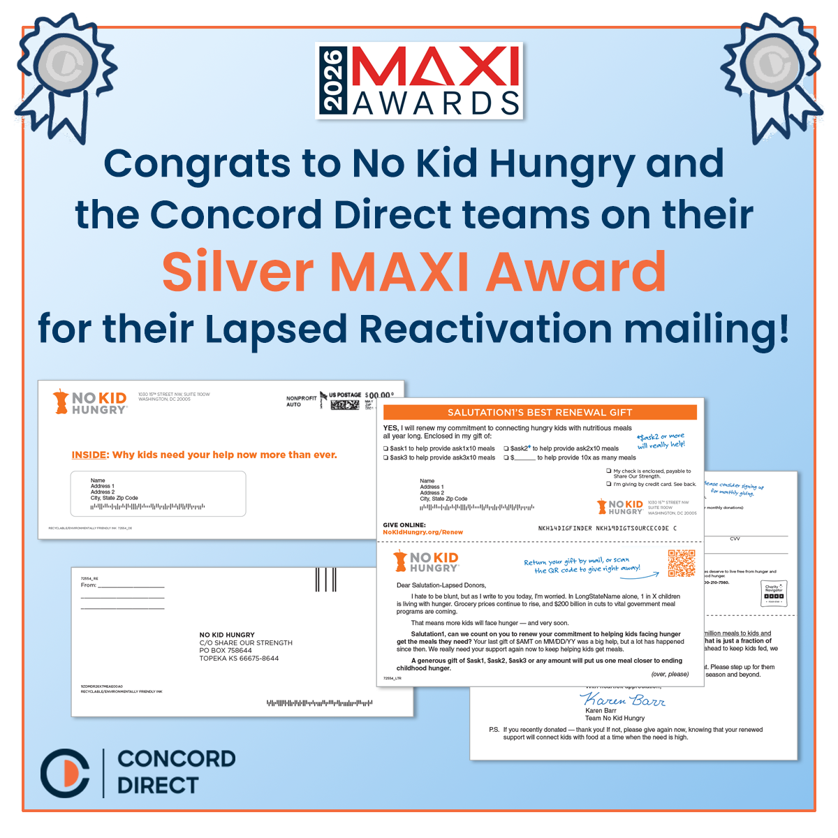 No Kid Hungry and Concord Direct celebrate their 2026 Silver MAXI Award for a Lapsed Reactivation mailing, with samples of the Award for a Lapsed Reactivation mailing, with samples of the winning direct mail package featuring letters, envelopes, and artwork.